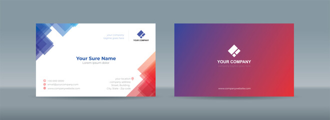 Set of double sided business card templates with illustrations of randomly stacked transparent blue and red square on a blue-white and white background