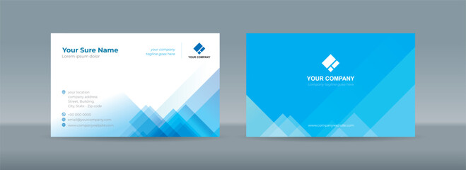 Set of double sided business card templates with illustrations of randomly stacked transparent blue triangles on a blue and white background