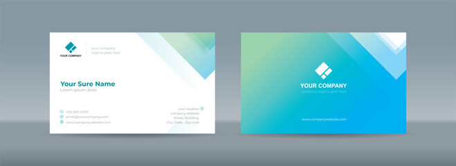 Set of double sided business card templates with illustrations of randomly stacked transparent blue and green triangles on a blue-green and white background