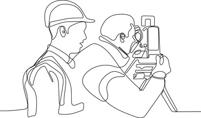 Close up of Caucasian worker with helmet on head using tablet for work while standing in warehouse. Surveyor with a tripod icon. Geodesic tripod. Vector illustration