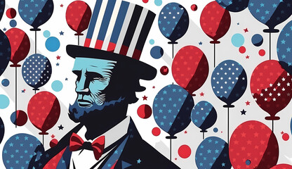 Obraz premium Seamless USA festive pattern of Abraham Lincoln American flags red blue balloons Generative AI