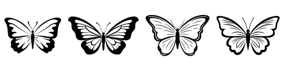 Set of butterflies, isolated on white, collection of silhouettes