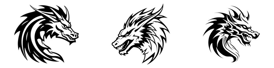 Dragon emblem logo set. Dragon head, circle vector icon collection