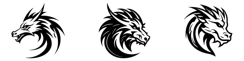 Dragon emblem logo set. Dragon head, circle vector icon collection