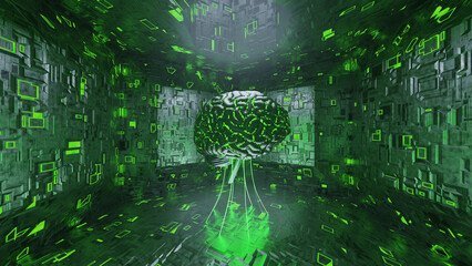 Futuristic AI brain in sci-fi room
