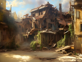fantasy illustration of an abandoned city with ruined houses collapsing into rubble on the street. generative ai