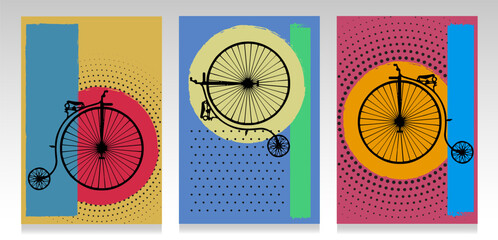 Modern poster set. Steampunk bycicle silhouette on colorful shapes and dots. Wall art design, abstract background, wall decoration. Illustration of minimalist art.