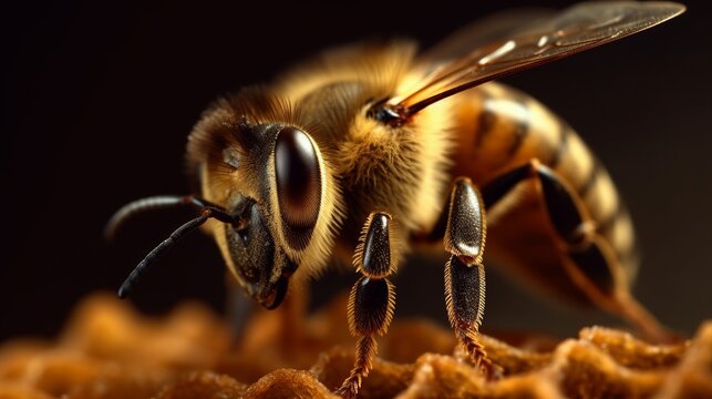 Bee on a honeycomb in a hive. Detailed macro image of a bee collecting honey in a beehive. Created with Generative AI technology.