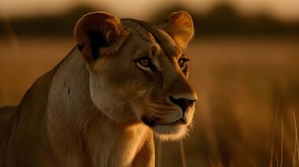 Obraz premium Close up portrait from side face ferocious carnivore female lion, stare or looking straight forward at the savannah desert background. Generative AI technology.