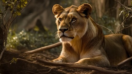 Obraz premium Close up portrait from side face ferocious carnivore female lion sit and rest, stare or looking straight forward at the savannah desert background. Generative AI technology.