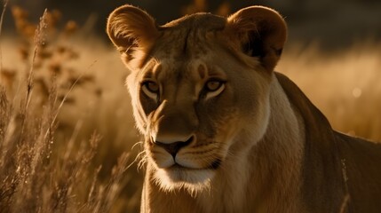 Close up portrait from side face ferocious carnivore female lion, stare or looking straight forward at the savannah desert background. Generative AI technology.