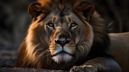 Close up portrait ferocious carnivore male lion sit and rest, stare or looking at the savannah desert background. Generative AI technology.