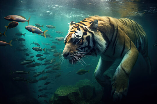 siberian tiger hunting fish underwater