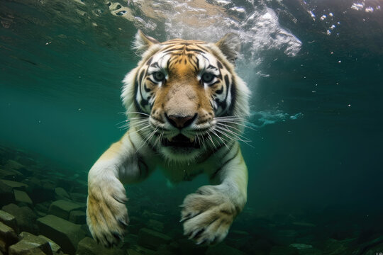 siberian tiger hunting fish underwater