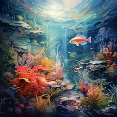 Fototapeta na wymiar Dreamscape set under water, graceful sea creature