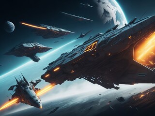 Space ships in battle. Generative AI

