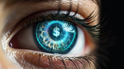 Human eye with hud interface inside. Blue Eye with dollar sign inside. AI generated  Generative AI