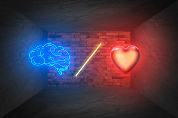 Choosing between logic and emotions. Illustrations of glowing heart, brain and slash symbol between...