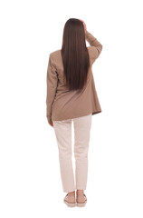 Fototapeta premium Businesswoman in suit on white background, back view
