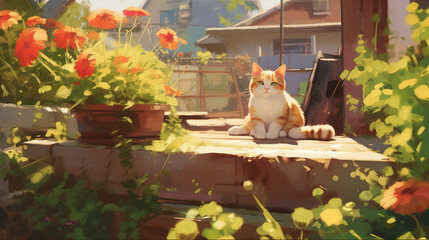 Fototapeta premium A cat basking in the sun in the yard