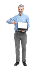 Mature businessman in stylish clothes with laptop on white background