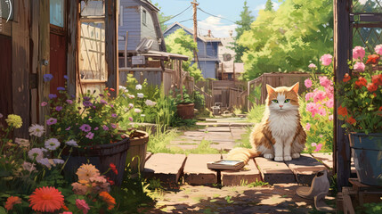 A cat basking in the sun in the yard