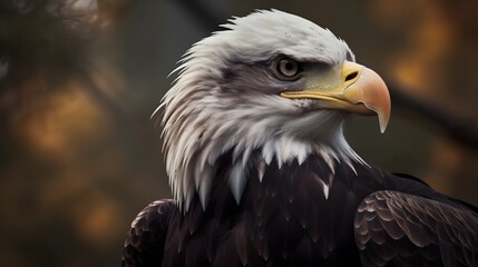 Close up portrait shot of Bald Eagle Haliaeetus Leucocephalus white head with sharp gaze. Generative AI technology.