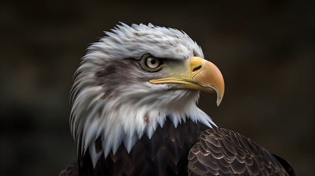 Close up portrait shot of Bald Eagle Haliaeetus Leucocephalus white head with sharp gaze. Generative AI technology.