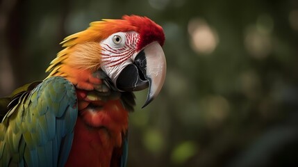 Fototapeta premium Close up portrait shot Red Scarlet Macaw parrot bird nature blur bokeh background. Generative AI technology.