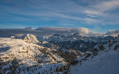 Mountain ski resort Nassfeld near Hermagor, Austria - morning view of well prepared slopes with no people. January 2022