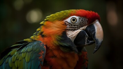 Obraz premium Close up portrait shot two Red Scarlet Macaw parrot bird nature blur bokeh background. Generative AI technology.
