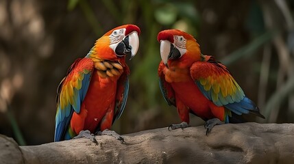Plakat Close up portrait shot two Red Scarlet Macaw parrot bird nature blur bokeh background. Generative AI technology.