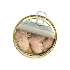 Open tin can of tasty cod liver on white background, top view