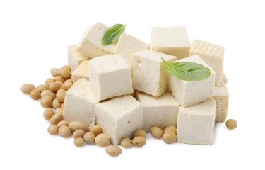 Delicious tofu cheese, basil and soybeans isolated on white