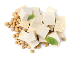 Delicious tofu cheese, basil and soybeans isolated on white, top view