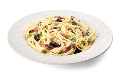 Plate of delicious pasta with anchovies, olives and parmesan cheese isolated on white