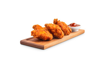 Crispy delicious fried chicken with sauce on a rectangle wooden board isolated on white background. Created with Generative AI Technology