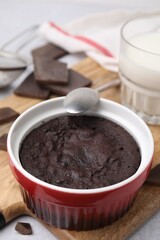 Tasty chocolate pie on table, closeup. Microwave cake recipe