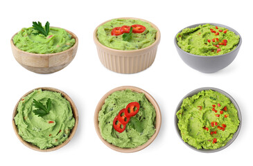 Collage of bowls with tasty guacamole on white background, top and side views