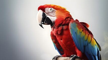 Close up portrait shot Red Scarlet Macaw bird isolated on white. Generative AI technology.