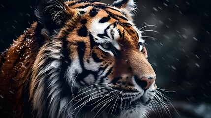 Close up portrait from side face ferocious carnivore tiger stare or looking straight forward at winter snow background. Generative AI technology.