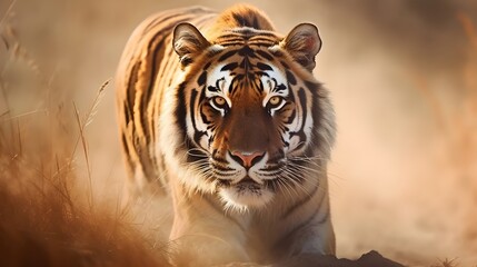 Fototapeta na wymiar Close up portrait ferocious carnivore tiger stare or looking at the camera dessert savannah background. Generative AI technology.