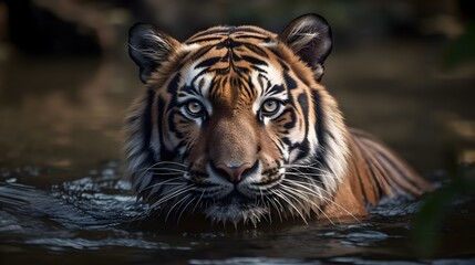 Fototapeta na wymiar Close up portrait ferocious carnivore tiger stare or looking at the camera and get out from the water. Generative AI technology.
