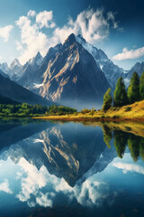 A calm lake surrounded by towering mountains. AI generative
