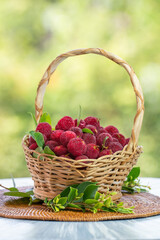 Arbutus berries Fruit or Red Yangmei in basket over blur greenery background, Red Bayberry, Yumberry, yamamomo, Waxberry in basket on green bokeh background