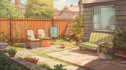 Cozy safe backyard scene illustration