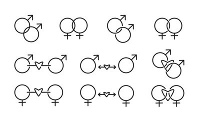 同性婚、同性カップルを表したイラストのセット/ゲイ/レズビアン/同性愛/ベクター/アイコン/マーク/要素/モノクロ