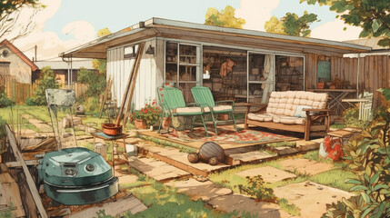 Fototapeta na wymiar Cozy safe backyard scene illustration