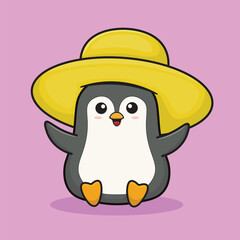 cute penguin in yellow hat, summer vector illustration eps, easy to use again, for logo, mascot