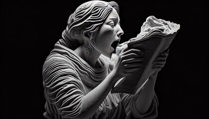 Sculpture of a screaming woman reading a book Black and white abstract, elegant and modern AI-generated illustration that screams in despair at her discovery of herself.